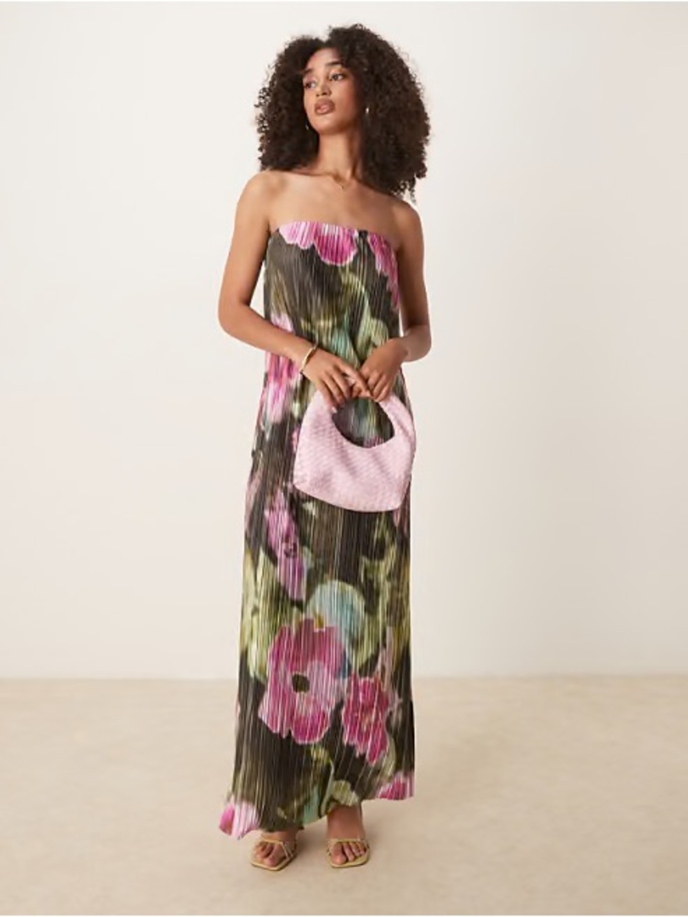 ASOS Strapless Floral Maxi Dress in Pink and Green